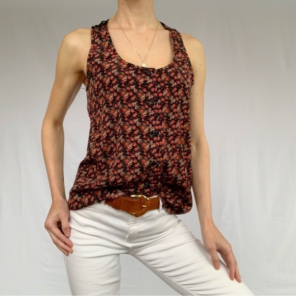 Limité floral roses criss cross back tank top fits S black and red woman - Picture 2 of 16